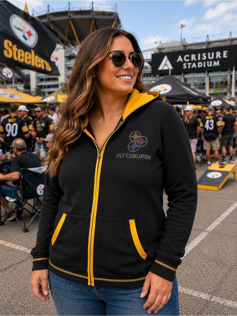 Pittsburgh Steelers Women’s XL Black Gold Rhinestone Full Zip Hoodie